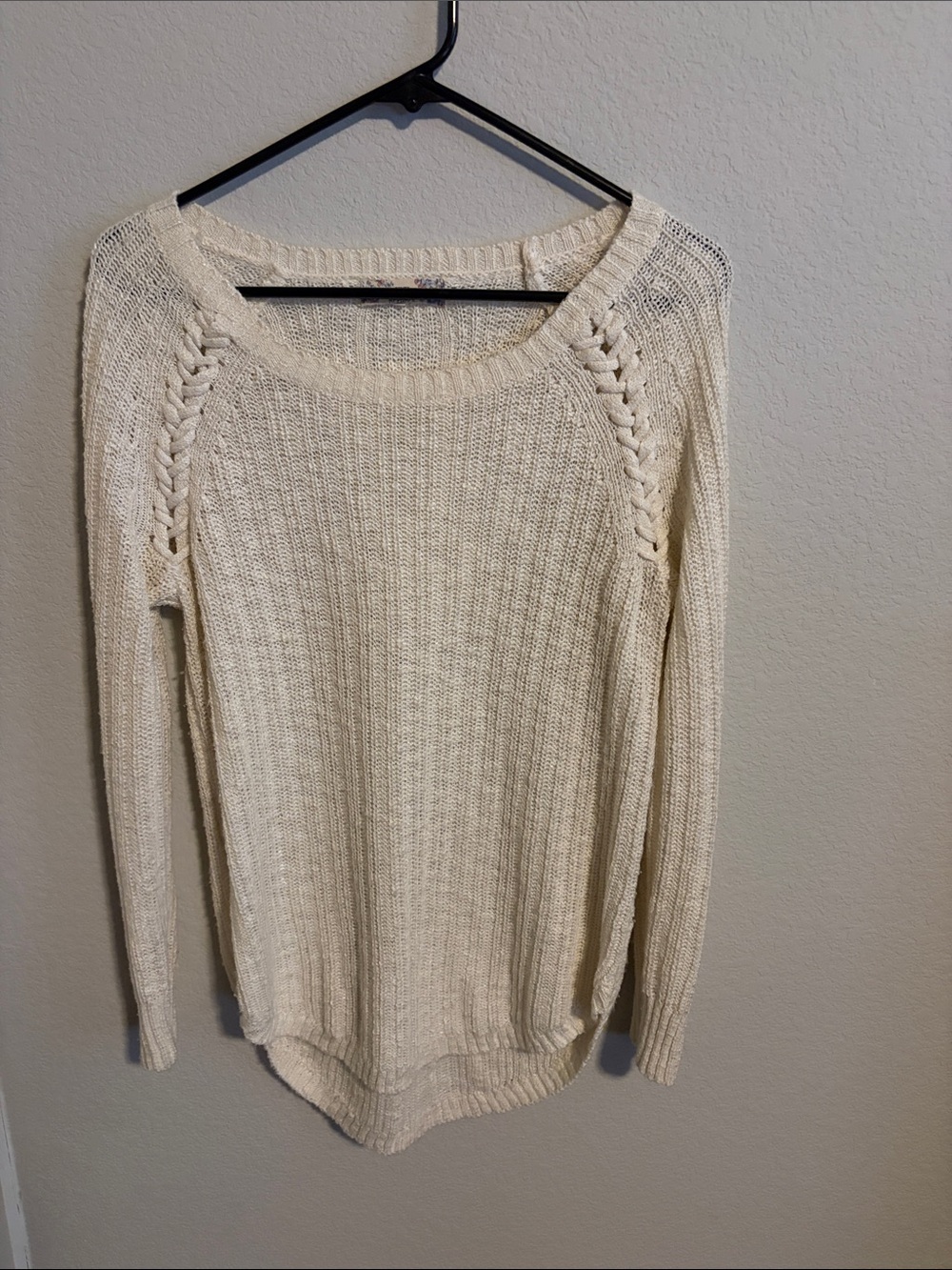 Pink Republic Cream Scoop Neck Sweater with Braided Shoulder Detail